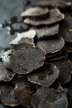 Sliced black truffles on reflective surface, rich texture, dark background, gourmet foodの素材