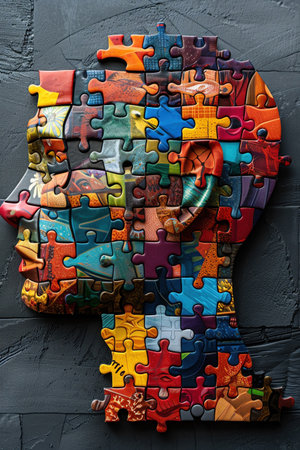 A colorful jigsaw puzzle in the shape of a human head, symbolizing the complex and multifaceted nature of human intelligence and mental healthの素材