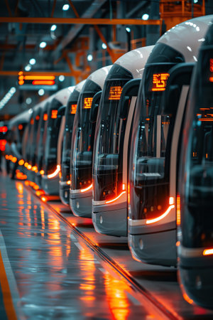 A fleet of electric buses in a modern automated depot, showcasing a future of ecofriendly public transportation and advanced urban mobilityの素材