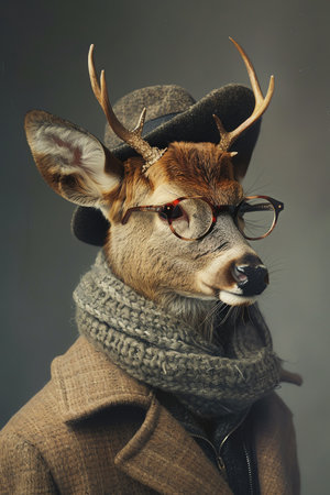 A whimsical image of a deer dressed in human clothing and glasses, exuding a fashionable and quirky vibeの素材