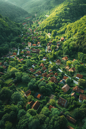 An aerial view captures a quaint small town nestled in the heart of a verdant countryside landscapeの素材