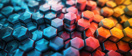 A vividly colored abstract hexagonal pattern, creating a threedimensional effect that conveys a sense of modern art and designの素材