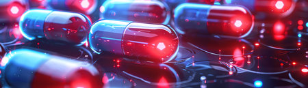 Glowing red and blue pills in a blister pack with NANOTECH text, illustrating advanced healthcare and drug delivery conceptsの素材