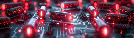 Futuristic circuit board with red capsules and neon lightsの素材