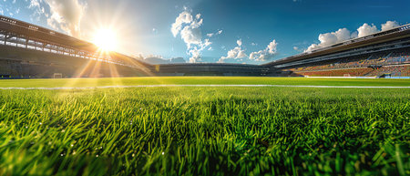 Grass field in stadium, sunlight streaming, panoramic view, vibrant colorsの素材