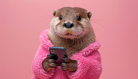 Otter dressed in pink, holding a smartphone, pink background, humorous and whimsicalの素材