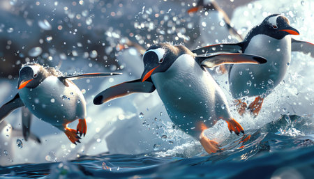 Penguins diving into icy water, animated style, vibrant colorsの素材