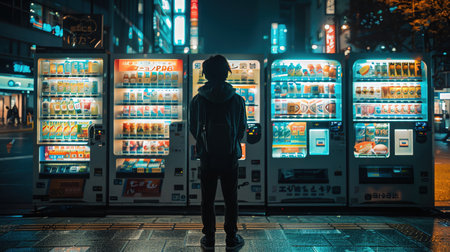 Person standing before illuminated vending machines at night, urban setting, wide shotの素材