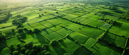 The patchworklike pattern of vibrant green farmland stretches across the landscape, as seen from an aerial perspectiveの素材