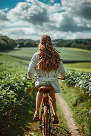 Woman riding a bicycle through green fields on a sunny dayの素材