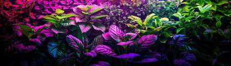 Vertical farm with vibrant plants under purple LED lightsの素材