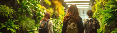 People walking through a hallway adorned with vertical green plantsの素材