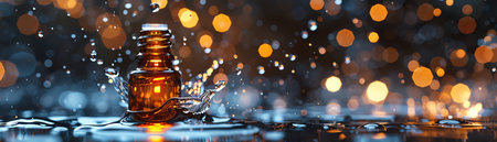 A luxurious amber glass dropper bottle for essential oils with a vibrant splash of water against a dark backgroundの素材