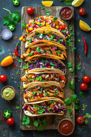 Assorted colorful tacos on wooden board, vibrant toppings, overhead view, bright lightの素材