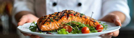 A chef in a white uniform proudly presents a gourmet grilled salmon dish garnished with fresh greens and cherry tomatoes, ready for fine diningの素材
