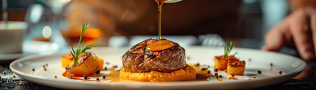 A sophisticated culinary presentation of a gourmet dish with a hand pouring a delicate sauce over a pureed garnish and roasted foodの素材