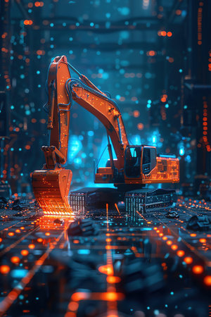 A lone excavator on a digital landscape, symbolizing data mining and information technology in a futuristic conceptの素材