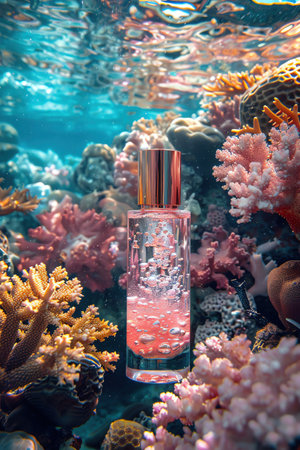 An exquisite cosmetic bottle submerged in clear ocean water surrounded by vibrant coral, evoking deepsea purityの素材