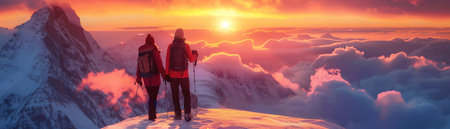 A couple with backpacks enjoying a breathtaking sunset in the snowy mountains, embodying adventure and explorationの素材
