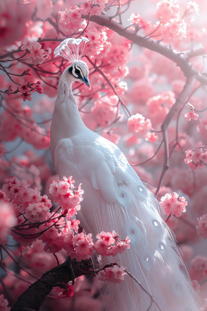 An ethereal white peacock amid pink cherry blossoms creates a dreamlike atmosphere in a fantastical settingの素材