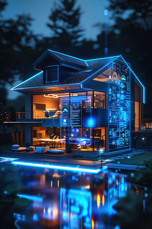 A futuristic concept of an ecofriendly house displayed with a glowing digital interface, illustrating smart and sustainable livingの素材