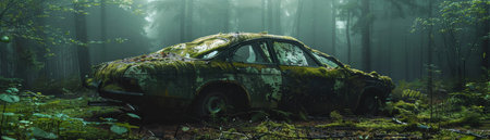 Abandoned car covered in moss, overgrown forest, natural light, ethereal atmosphereの素材