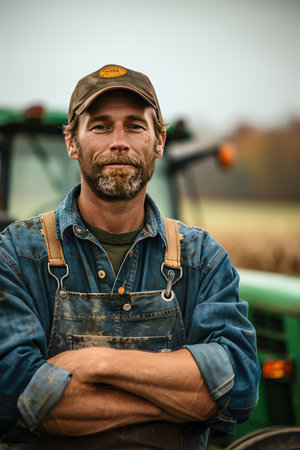 Farmer in overalls standing proudly in front of a green tractorの素材