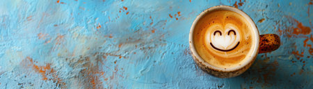Coffee cup with a smiling face in foam, bright blue backgroundの素材