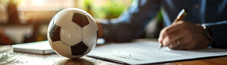 Businessman signing a document, soccer ball on the desk, natural lightの素材