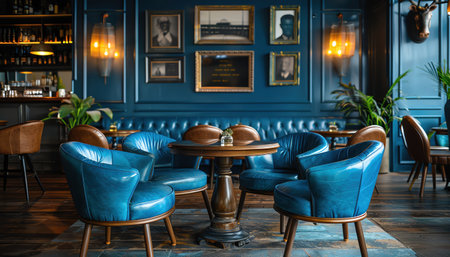 Elegant lounge with blue leather chairs, round wooden tables, warm lightingの素材