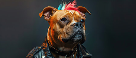 Dog with vibrant mohawk and leather jacket, dark backgroundの素材