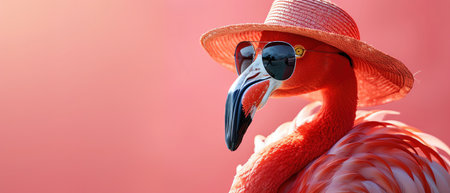 Flamingo with hat and sunglasses, pink background, stylish lookの素材