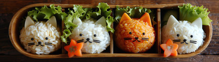 Cute bento boxes with rice shaped like cats, playful presentationの素材