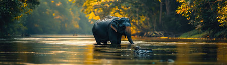 Elephant wading through a serene river, lush green forest backdropの素材