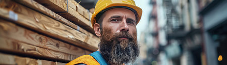Bearded construction worker carrying wood, outdoor urban settingの素材
