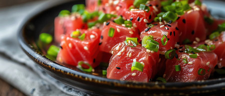 Fresh tuna cubes with green onions and sesame seeds on a black plate, closeupの素材