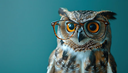 Closeup of an owl wearing glasses, teal background, sharp focus on eyesの素材