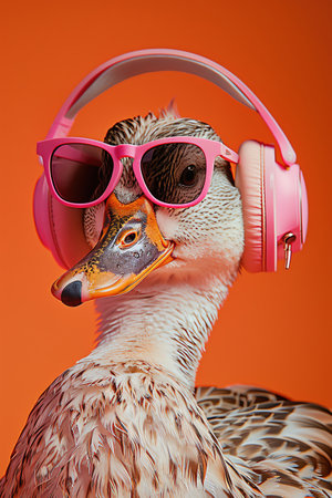 Duck with sunglasses and headphones, orangepink backgroundの素材