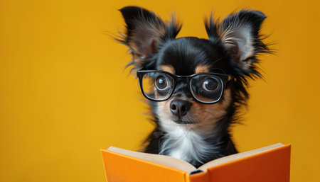 Cute Chihuahua dog wearing glasses and attentively reading an orange book on a vivid yellow backgroundの素材