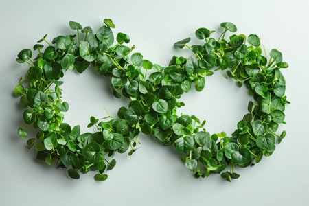 Infinity symbol made of green leaves with sprouts on white background, minimalistic, topdown viewの素材