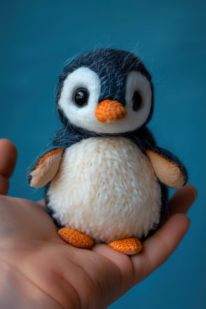 Plush penguin toy held in hand, blue background, sharp focus, soft textures, intimate closeupの素材