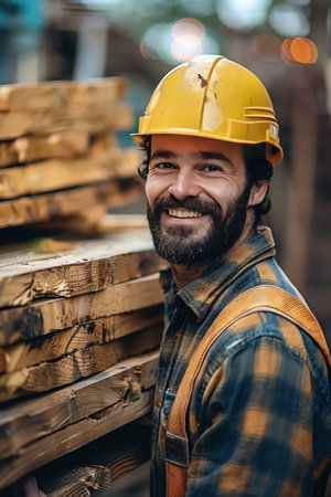 Smiling construction worker in yellow helmet holding wooden planksの素材