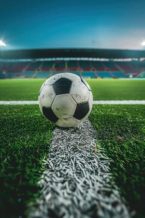 Soccer ball on green field, stadium lights shining, ready for the game, lowangle shotの素材