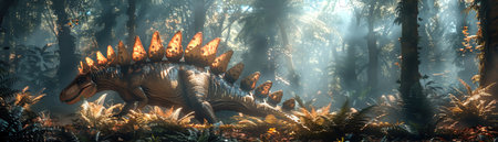 Stegosaurus in a lush prehistoric jungle, dappled sunlight through trees, misty, detailed foliageの素材