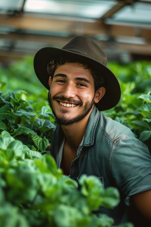 Young farmer smiling amidst lush green hydroponic plantsの素材