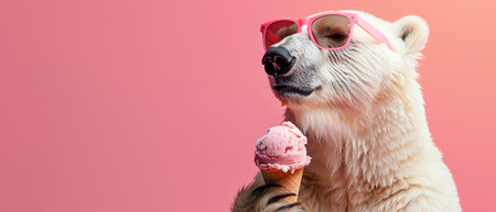 Polar bear with pink sunglasses eating ice cream, pink backgroundの素材