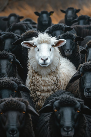 A single white sheep looks directly at the camera while standing amidst a flock of black sheep, illustrating the concept of standing outの素材