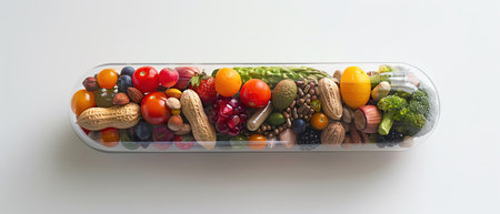 A capsule overflowing with assorted fruits, vegetables, and nuts, depicting nutritional supplements and healthy dietの素材