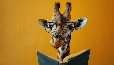 A comically intellectual giraffe with stylish glasses deeply engrossed in reading a book against a yellow backgroundの素材