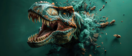 A fierce dinosaur head breaking out of a green wall, creating an intense and imaginative visual effectの素材
